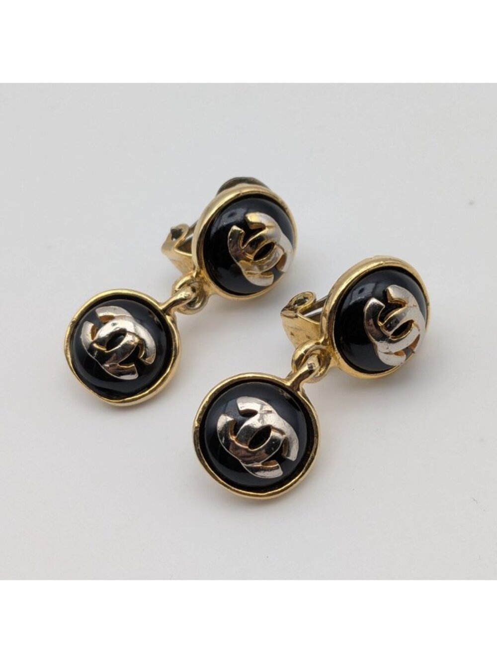 Chanel Earrings CC Logo Gold Black Swing First Era Vintage